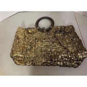 BIJOUX TERNER Gold Woven Metallic‎ Clutch Bag Wooden Handle - NEW